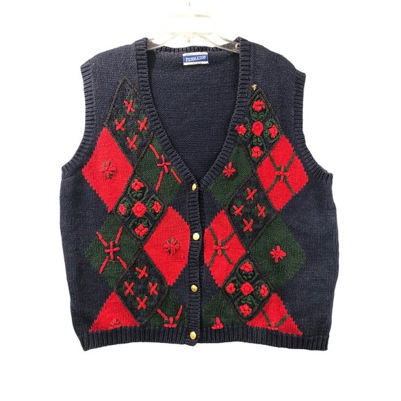 Pendleton Womens Vest Size 3X Navy Blue Ugy Sweater Floral Embroidery Front VTG - Picture 1 of 10